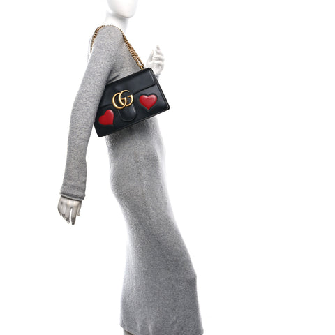 Knight Calfskin Malaga Kid Heart Medium GG Marmont Chain Handle Bag Black Hibiscus Red Multicolor