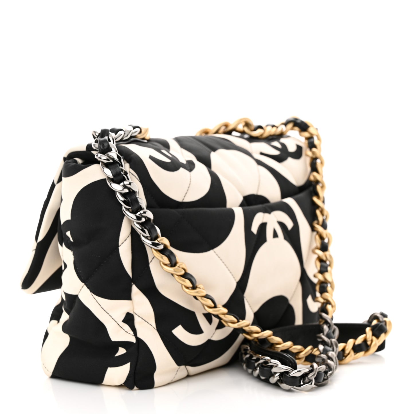 Fabric Printed Large Chanel 19 Flap Black Ecru