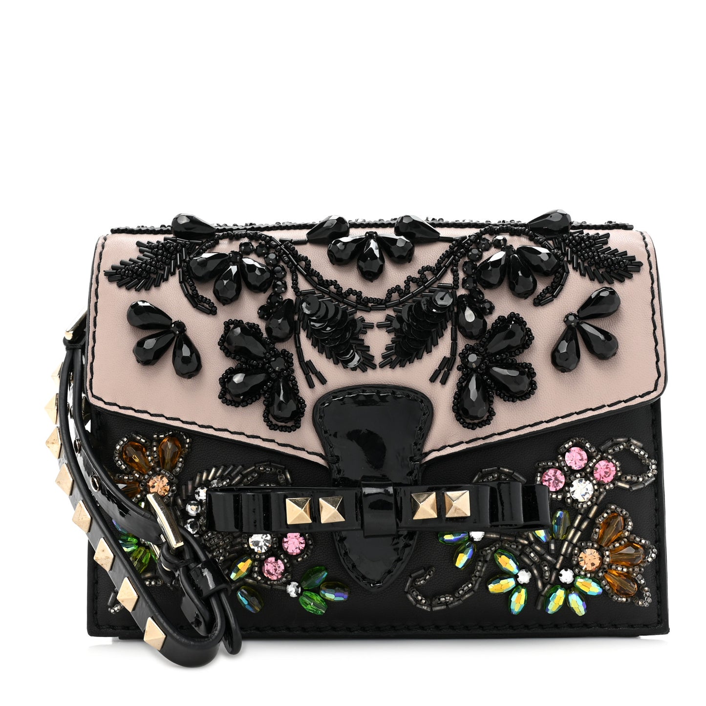 Calfskin Beaded Crystal Rockstud Bow Wristlet Clutch Black Poudre