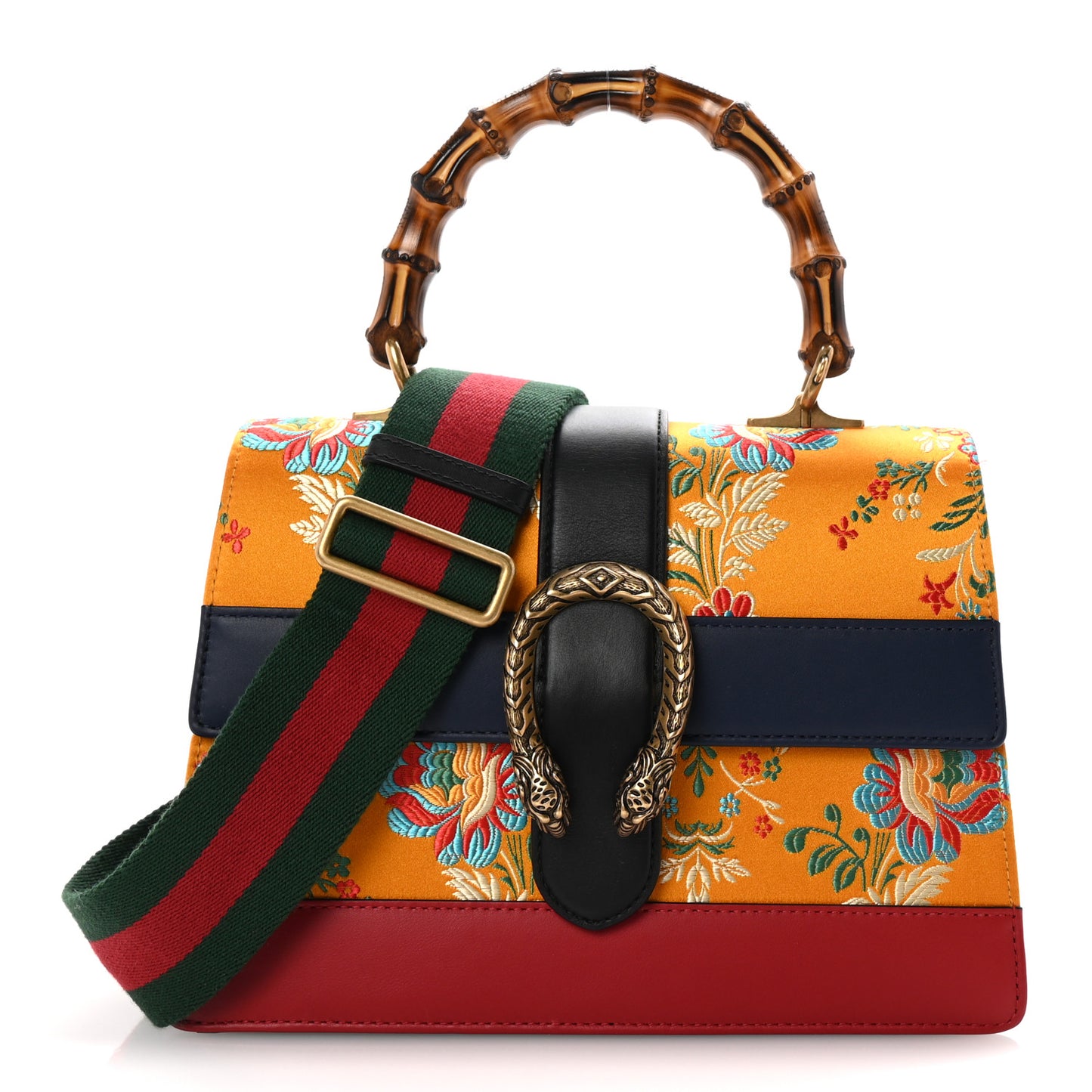 Satin Calfskin Bamboo Web Tokyo Print Medium Dionysus Top Handle Bag Giallo Multicolor Blue Agata Hibiscus Red