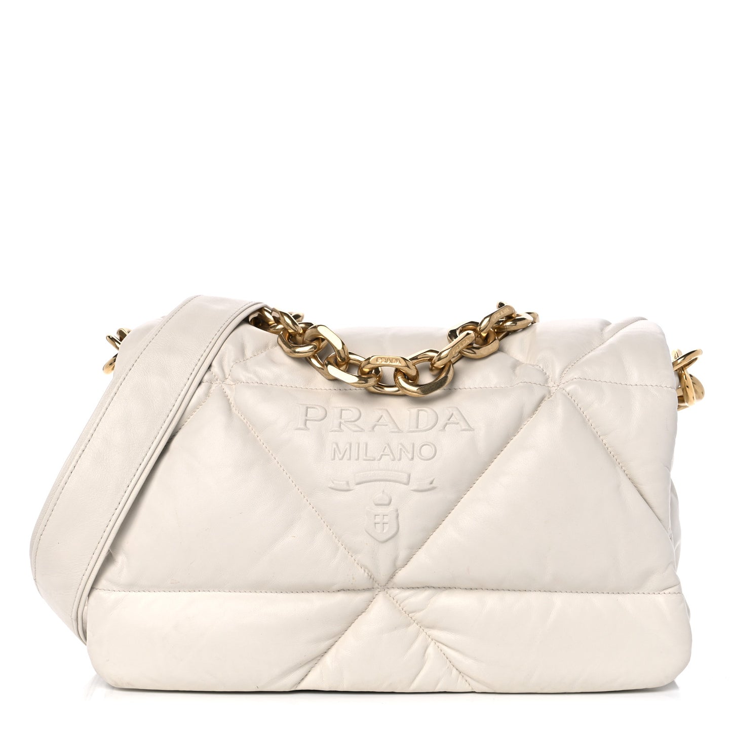 Nappa Soft Padded Logo Embossed Triangle Quilted Shoulder Bag White