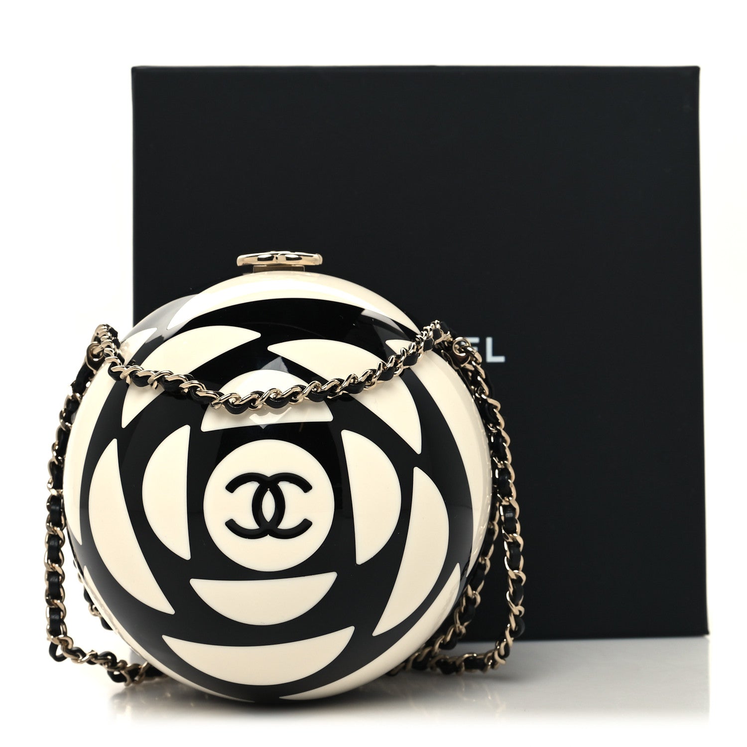 Chanel Resin Plexi CC Round Camellia Minaudiere Clutch Black White 12 of 12