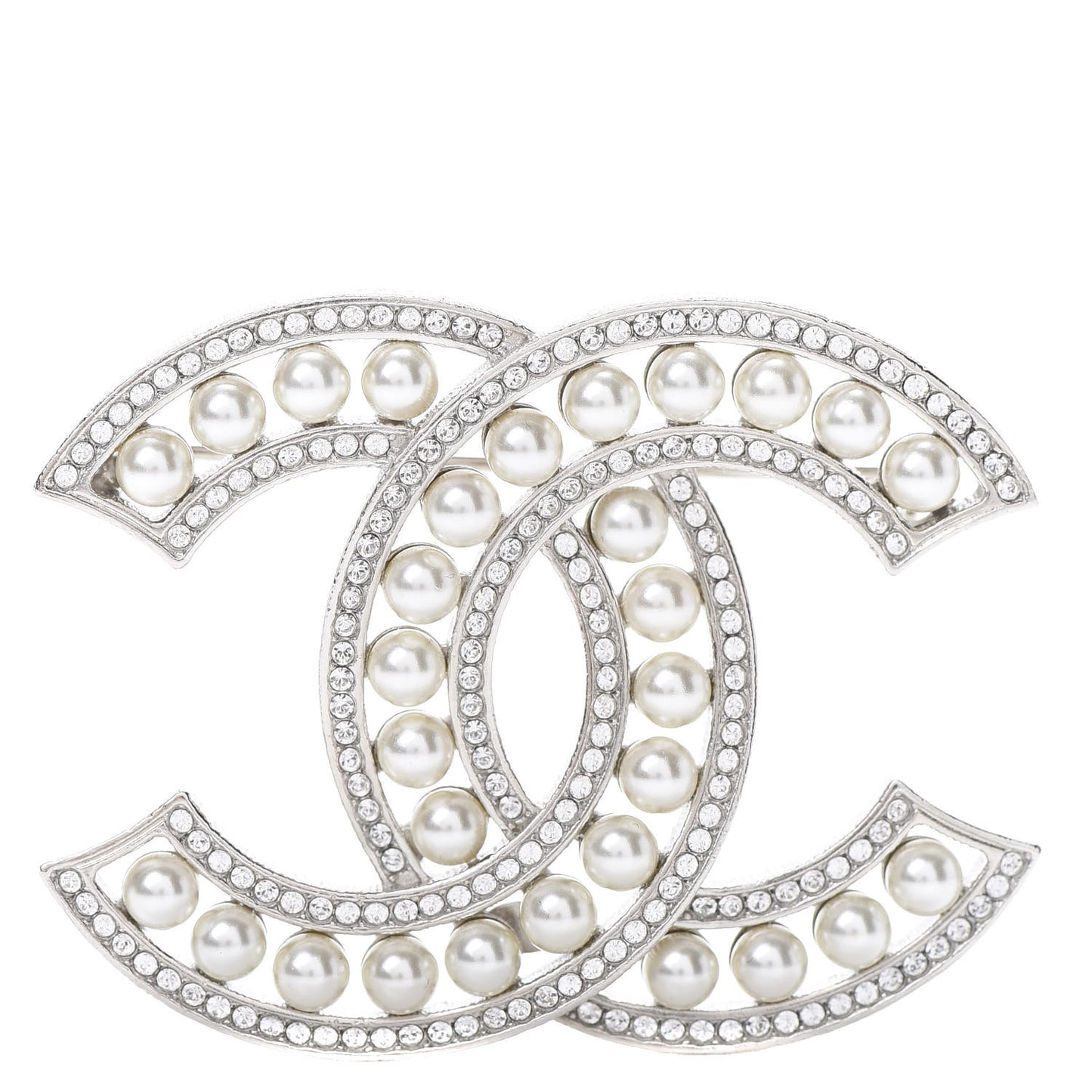 Pearl Crystal CC Brooch Silver
