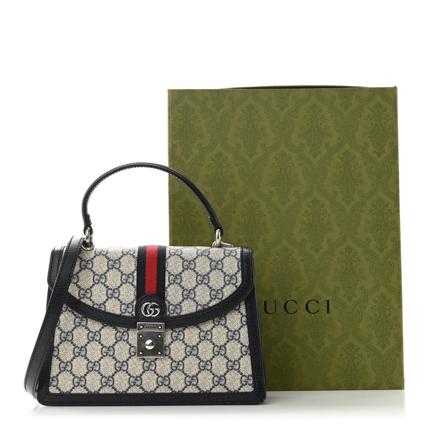 GG Supreme Monogram Textured Dollar Calfskin Web Small Ophidia Padlock Top Handle Bag Beige Blue