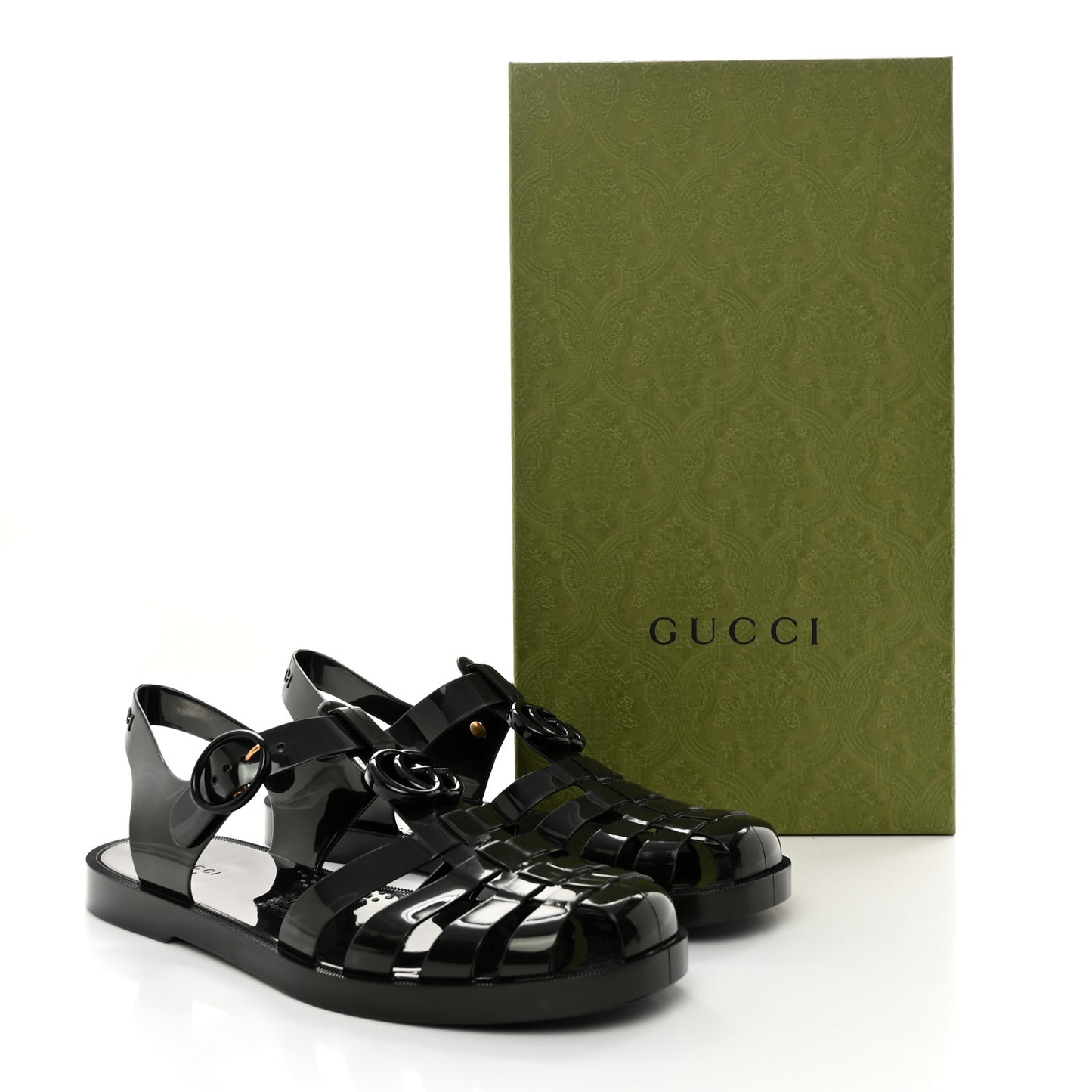 Shiny Rubber Double G Buckle Strap Sandals 8 Black