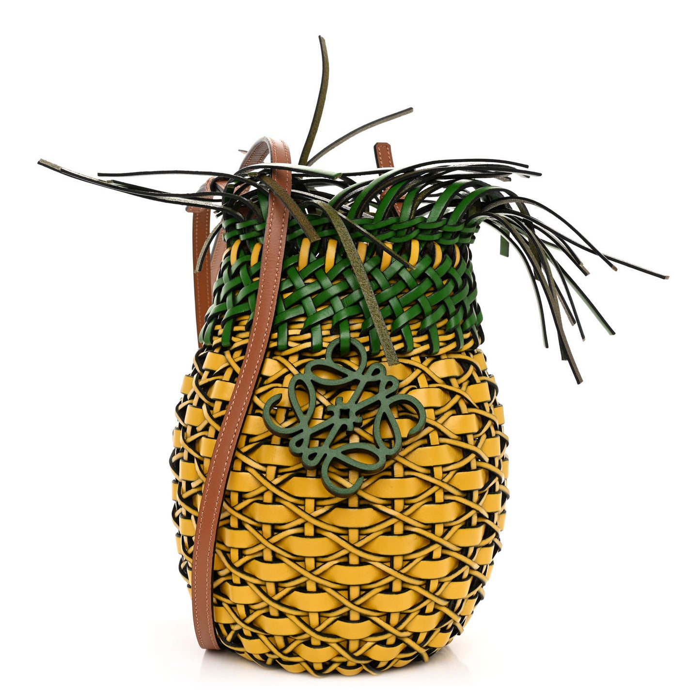 Calfskin Fringe Woven Pineapple Bucket Bag Yellow Green