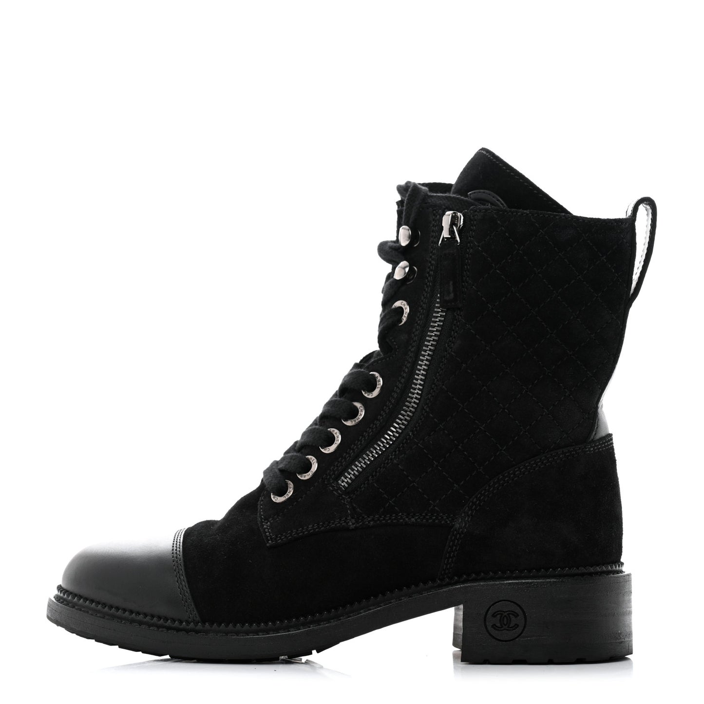 Suede Quilted CC Lace Up Combat Boots 38.5 Black
