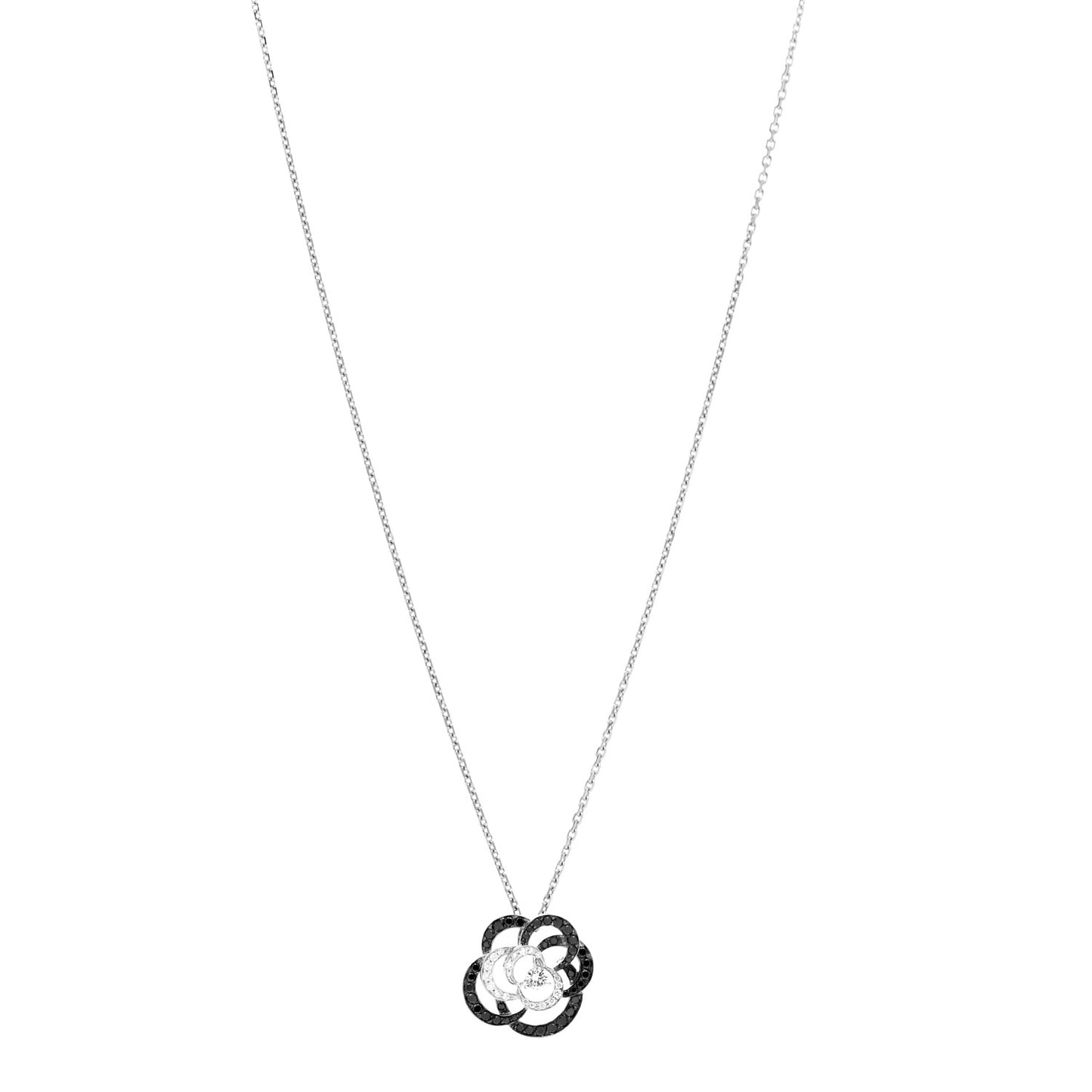 18K White Gold Diamond Black Diamond Small Camelia Pendant Necklace