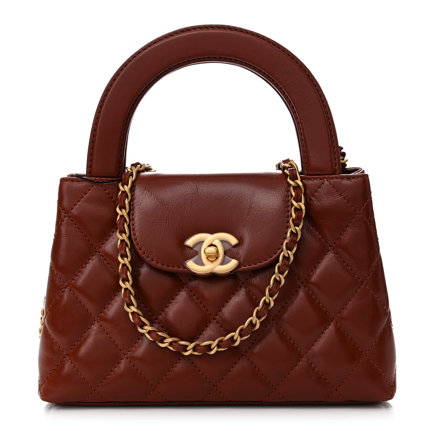 CHANEL ブラウン ハンドバッグ Chanel Mini Rectangular Top Handle Flap Bag Brown Shiny Calfskin Gold
