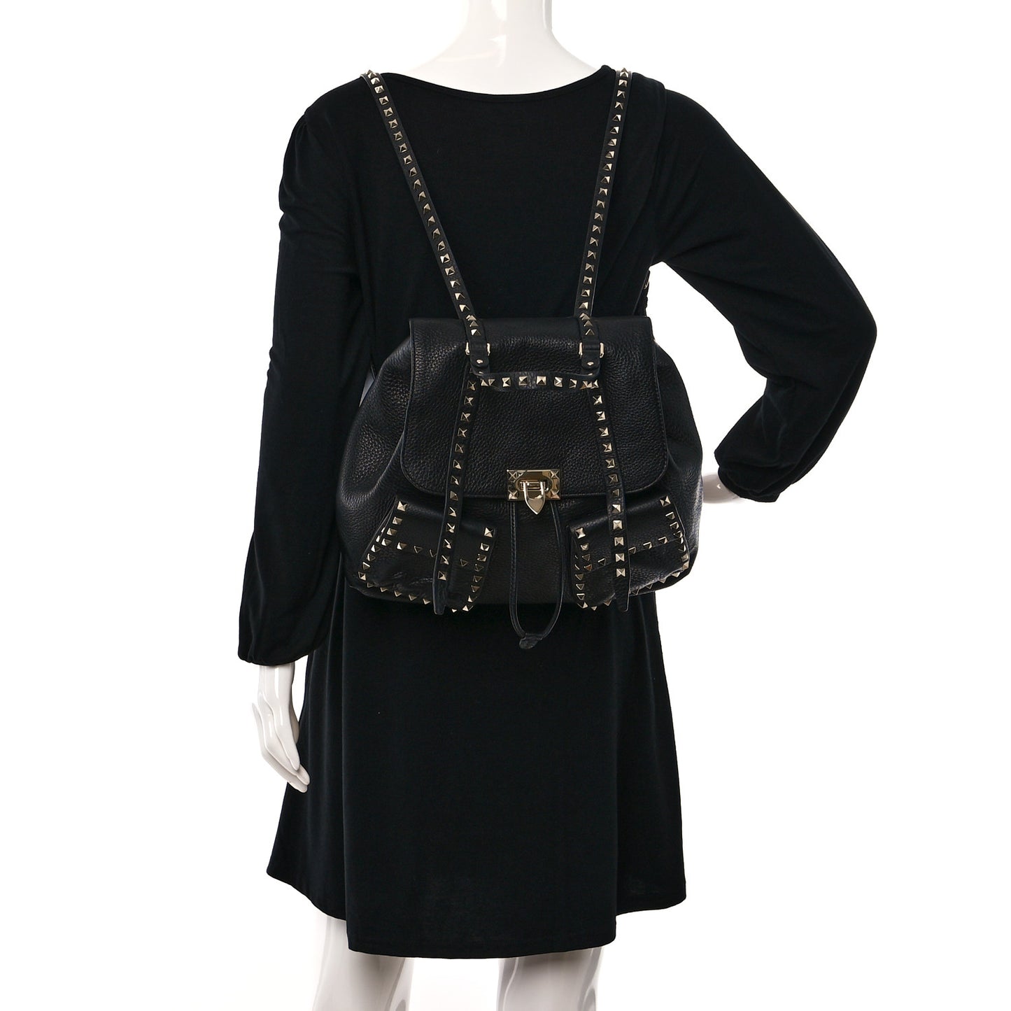 Pebbled Calfskin Rockstud Double Pocket Backpack Black