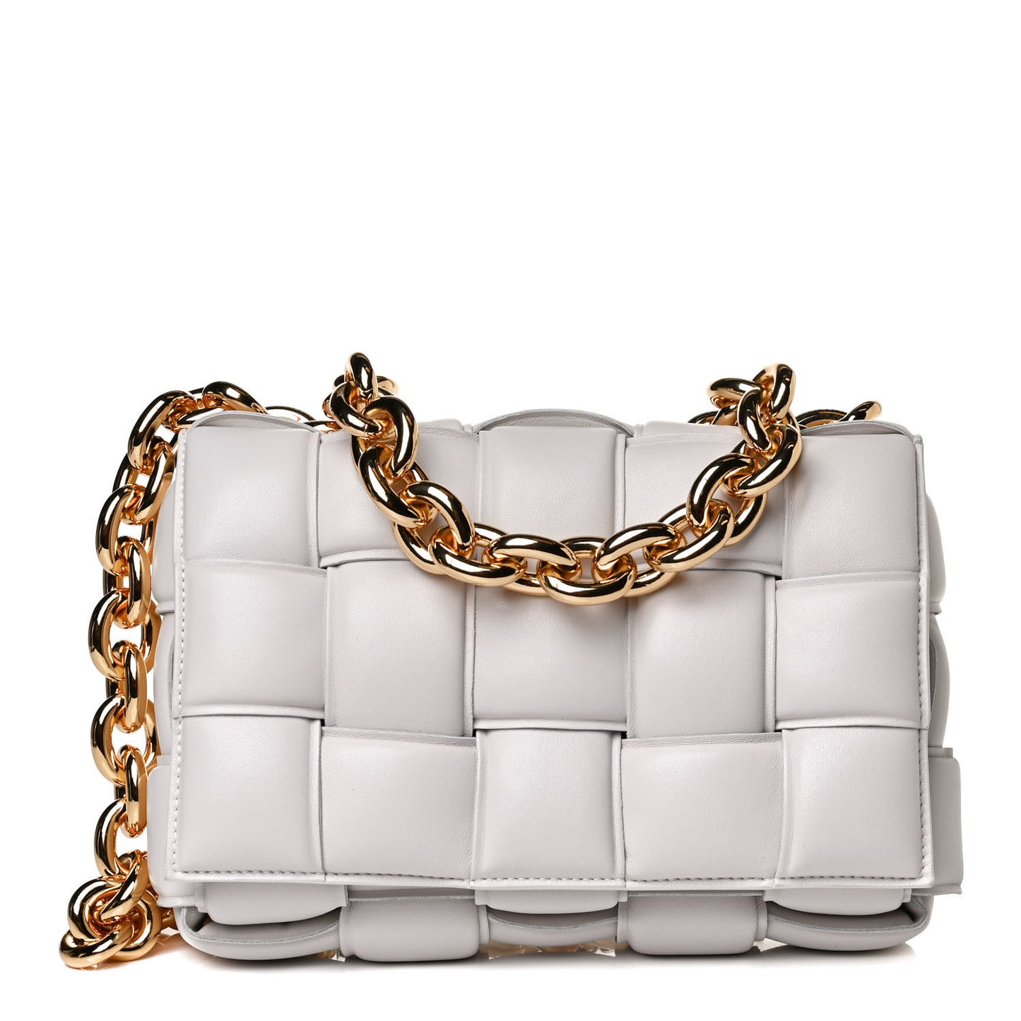 Lambskin Maxi Intreccio Padded Chain Cassette Crossbody Bag White