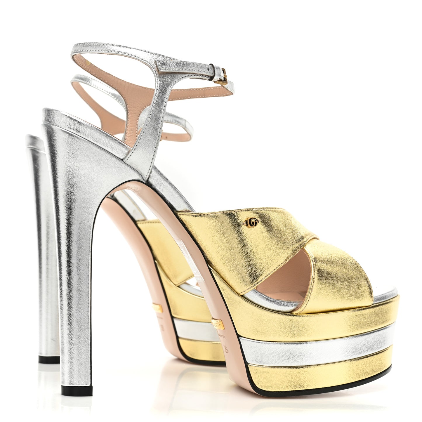 Metallic Nappa Double G 40/135mm Platform Sandals 39 Gold Silver