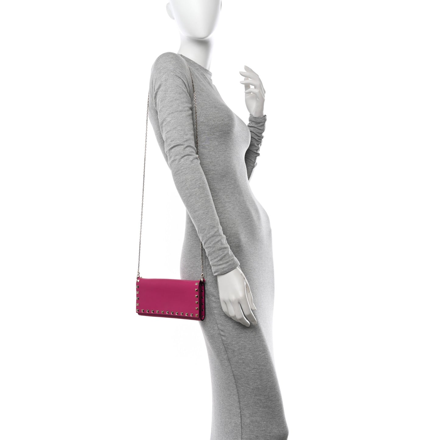 Calfskin Rockstud Flap Wallet On Chain Fuxia