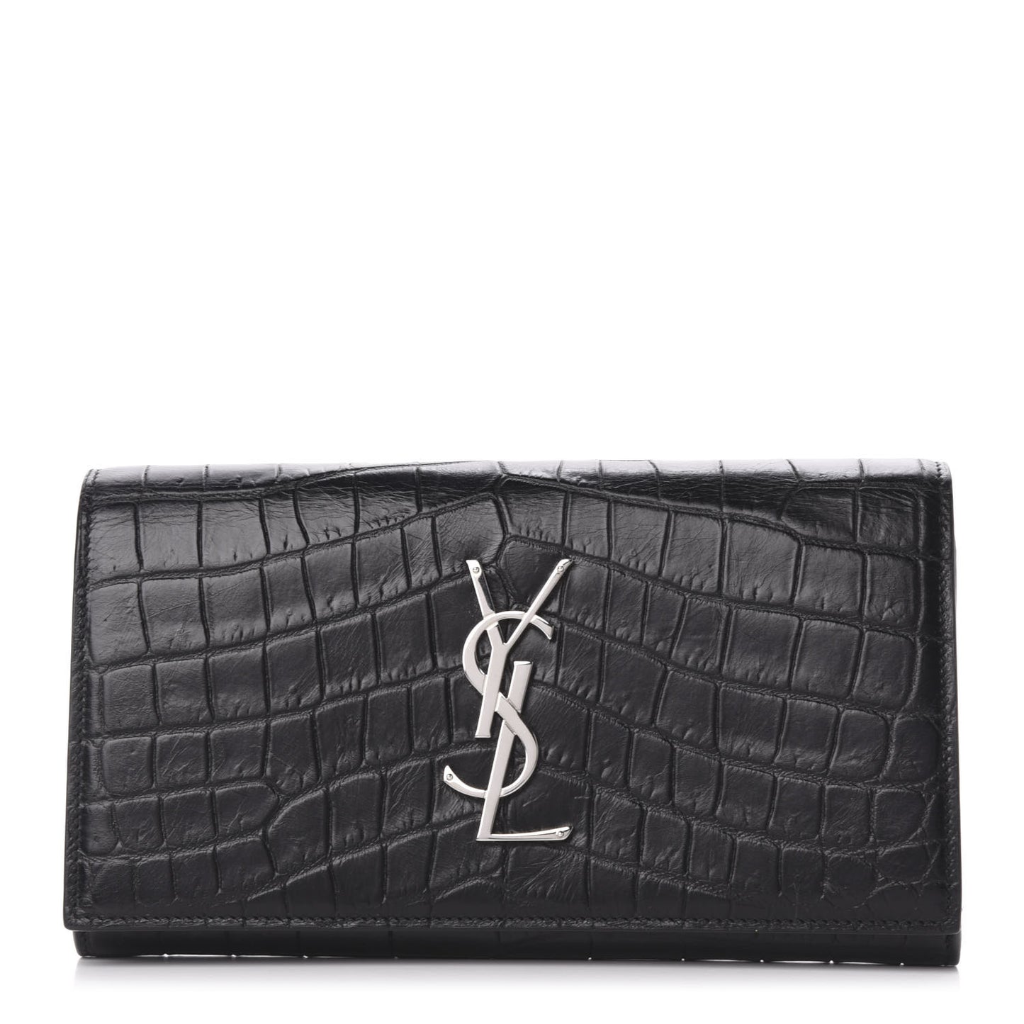 Calfskin Crocodile Embossed Monogram Flap Wallet Black