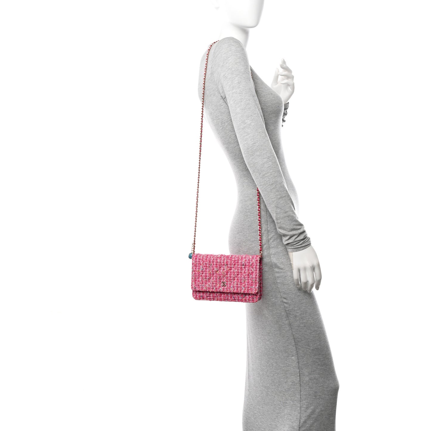 Tweed Quilted Wallet On Chain WOC Pink Blue White