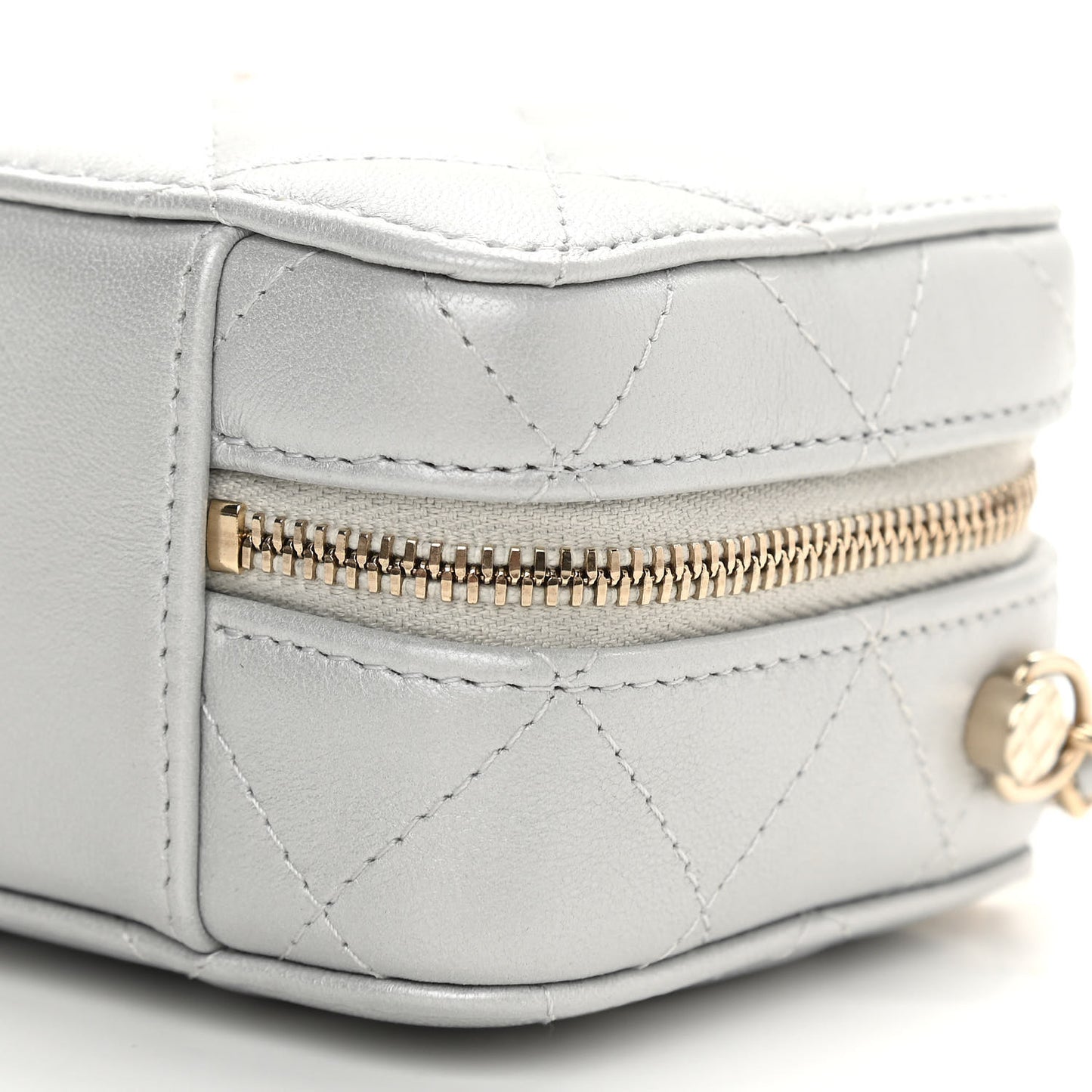 Metallic Lambskin Quilted Top Handle Vanity Case Silver