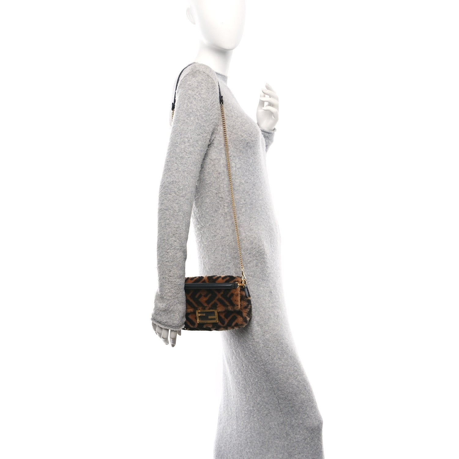 Fendi Shearling Vitello Dolce Macro FF 1974 Mini Baguette Tobacco Black 2 of 10