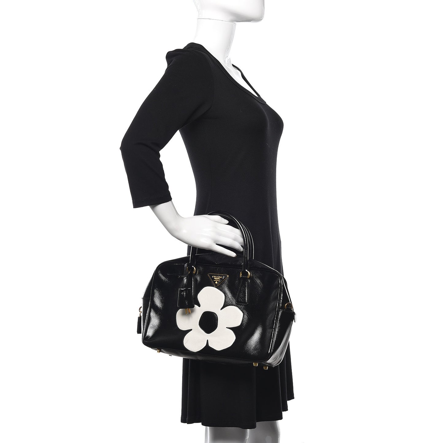 Saffiano Vernice Floral Bauletto Bag Black