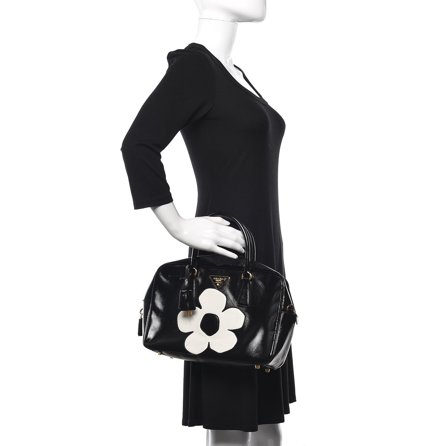 Prada Saffiano Vernice Floral Bauletto Bag Black 2 of 12