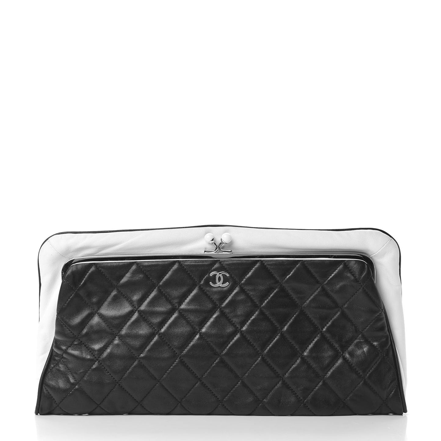 Lambskin Quilted Pearl Kiss Lock Clutch Black White