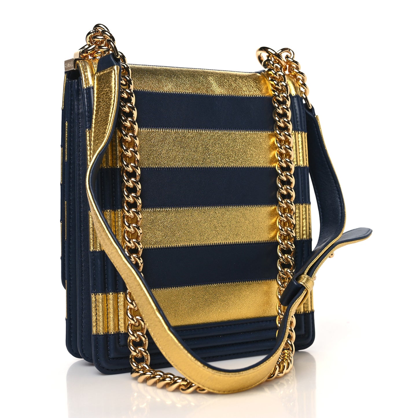 Metallic Lambskin Striped North South Boy Flap Navy Gold
