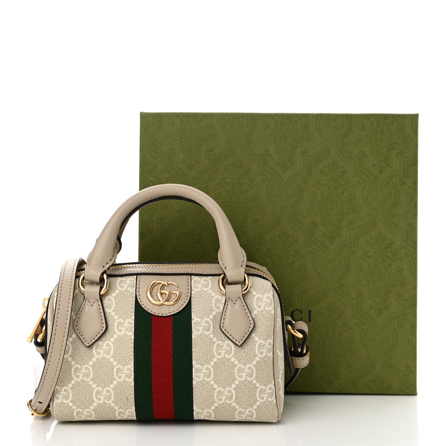 Gucci GG Supreme Monogram Textured Dollar Calfskin Web Super Mini Ophidia Top Handle Bowler Bag Beige Mystic White Oatmeal 13 of 13