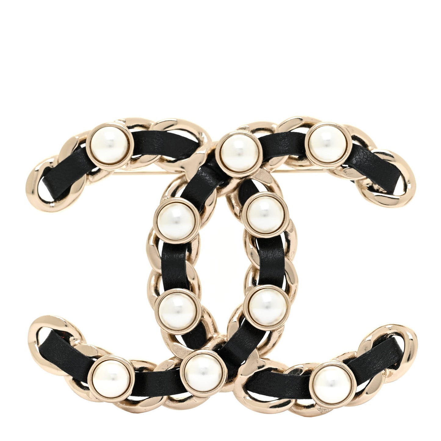 Lambskin Pearl CC Chain Brooch Black Gold