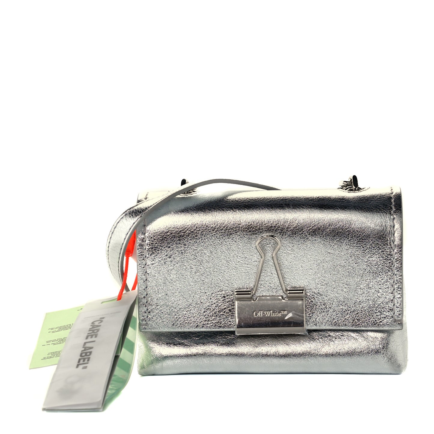 Calfskin Metallic Small Binder Clip Crossbody Silver