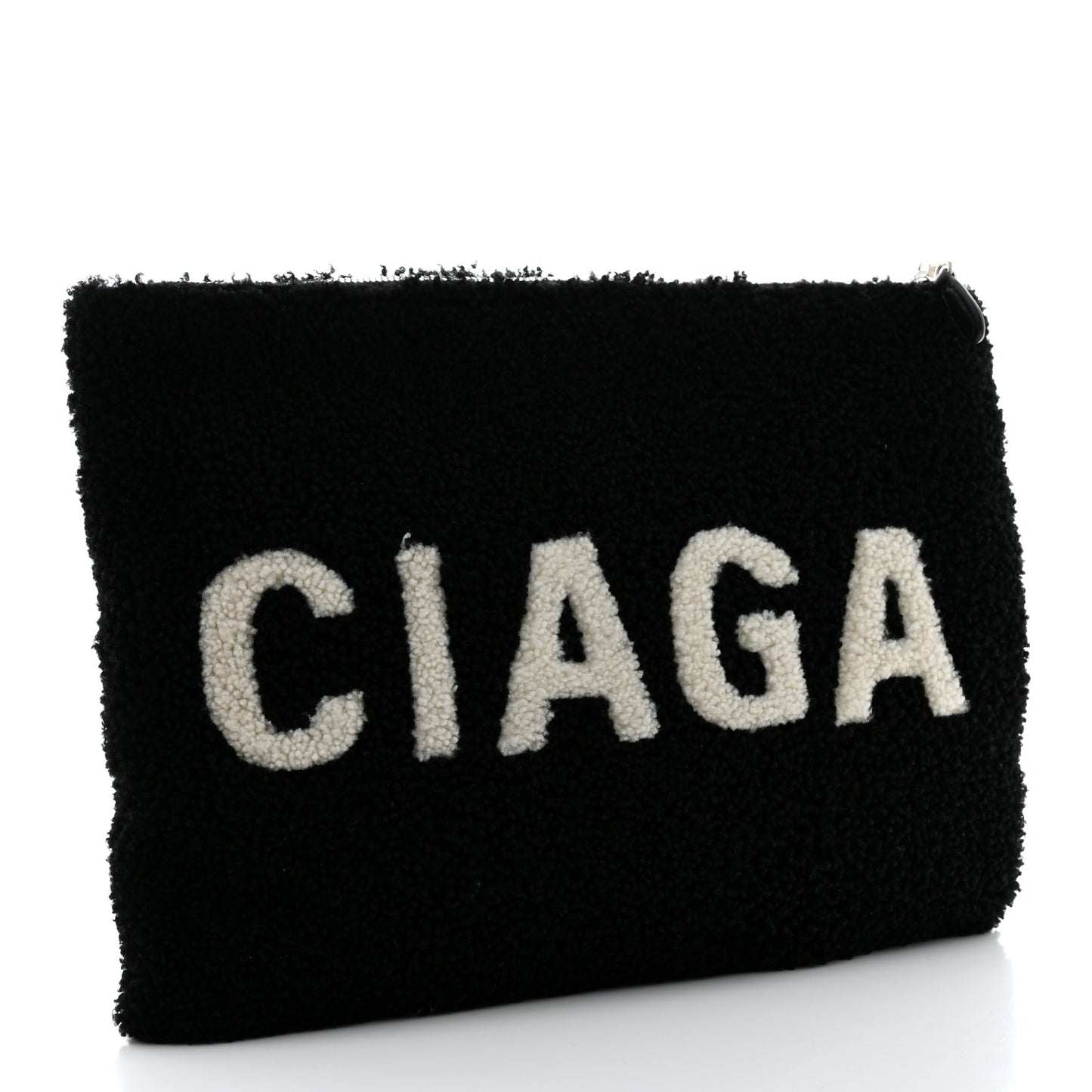 Sheepskin Shearling Contrasted Logo Large Zip Pouch Black