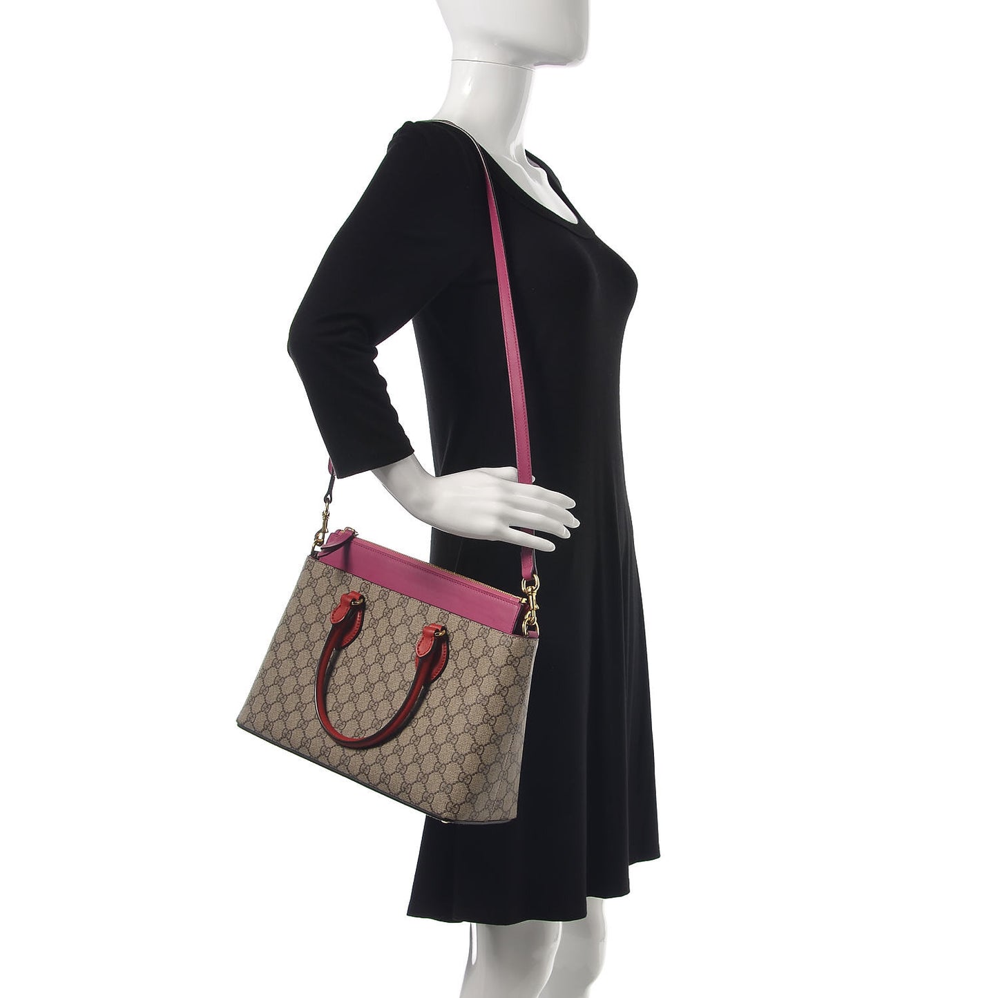 GG Supreme Monogram Moon Calfskin Small Zip Top Tote Beige Ebony Hibiscus Red New Rosette
