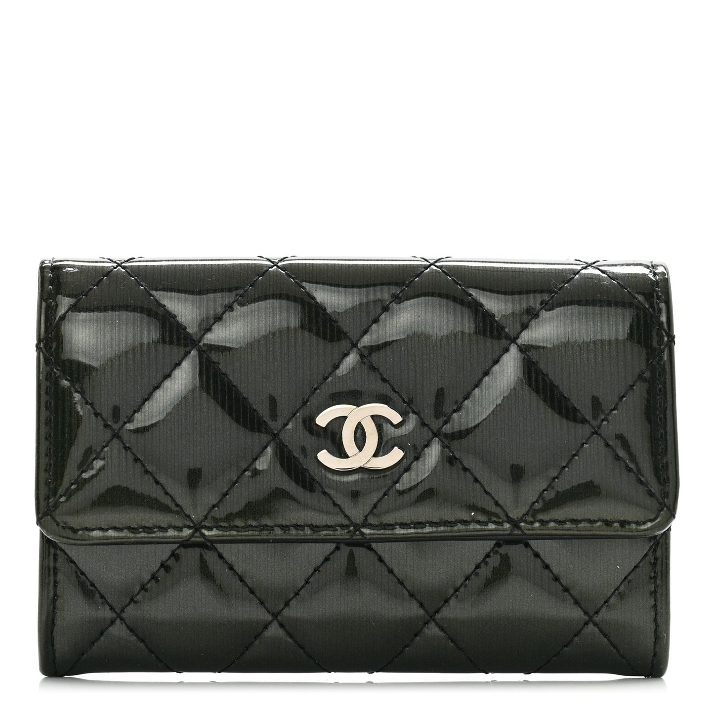 Striated Patent Quilted Card Holder Black