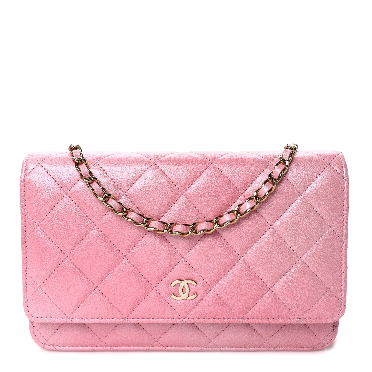 Cloudy Pearly Goatskin Quilted Wallet on Chain WOC Light Pink