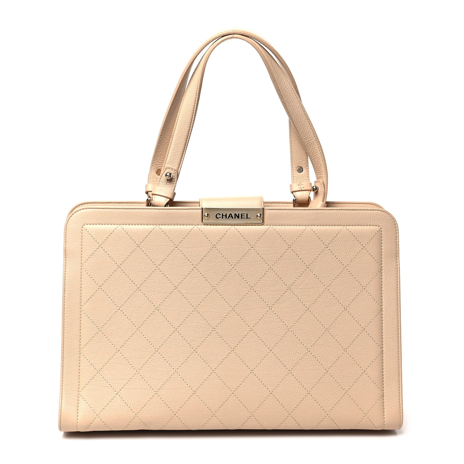Chanel Grained Calfskin Stitched Large Label Click Shopper Tote Light Beige 1 of 7
