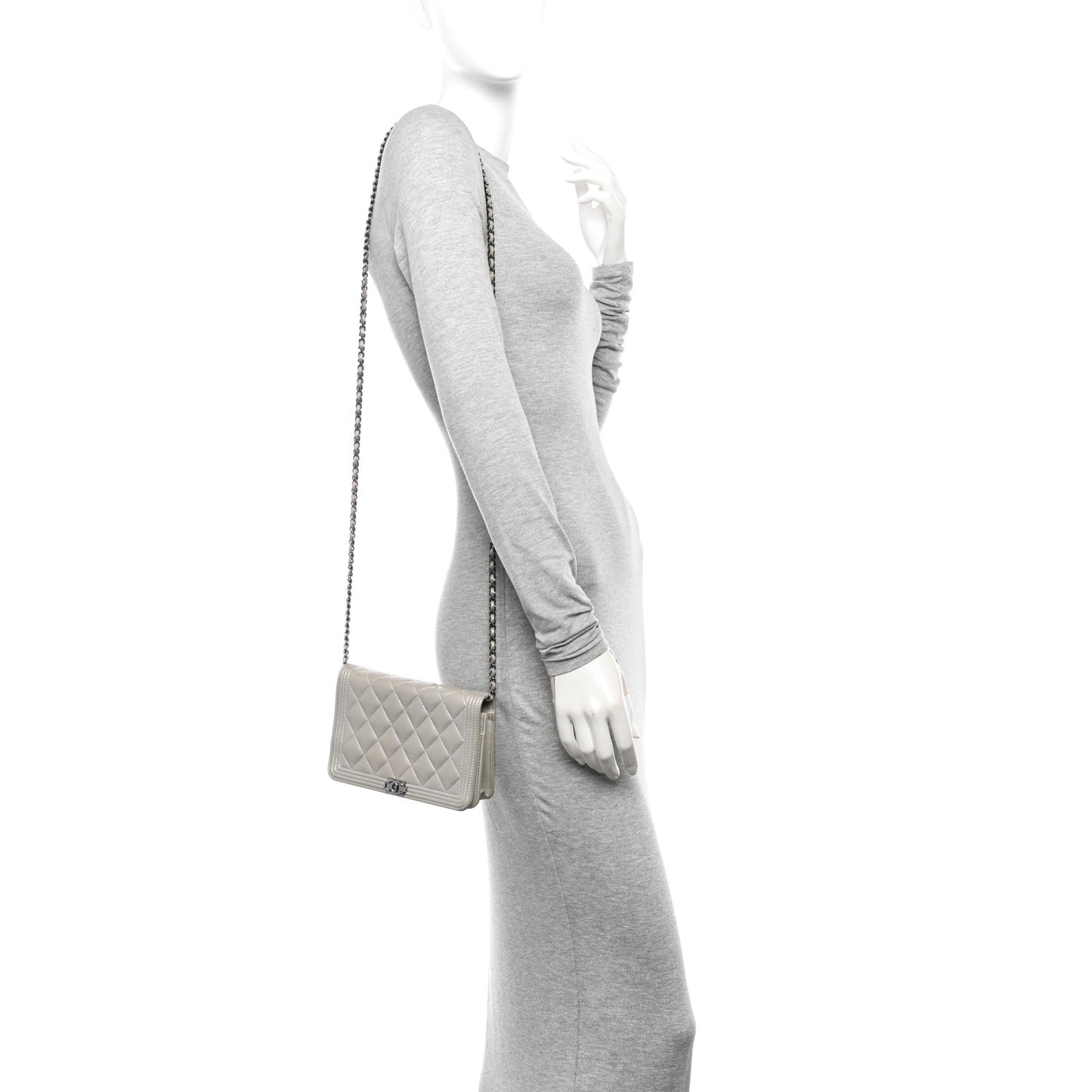 Metallic Caviar Quilted Boy Wallet On Chain WOC Silver