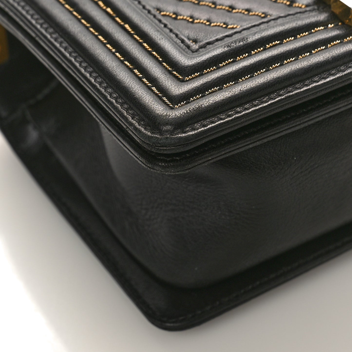 Lambskin Chevron Chain Stitched Small Boy Flap Black