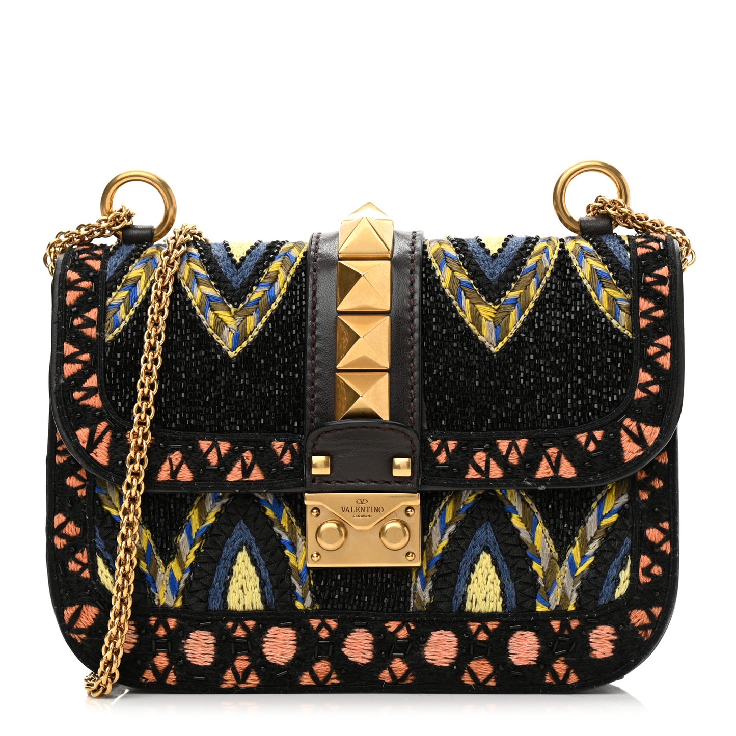 Vitello Beaded Small Glam Lock Rockstud Flap Black Multicolor
