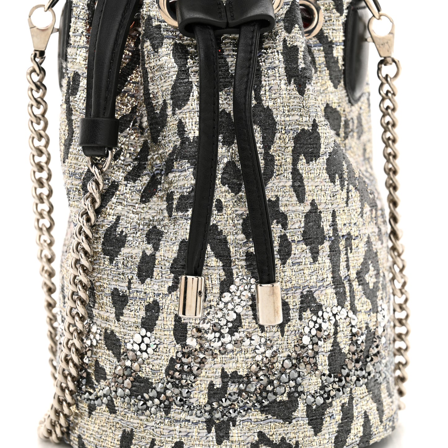 Tweed Crystal Leopard Print Marie Jane Bucket Silver