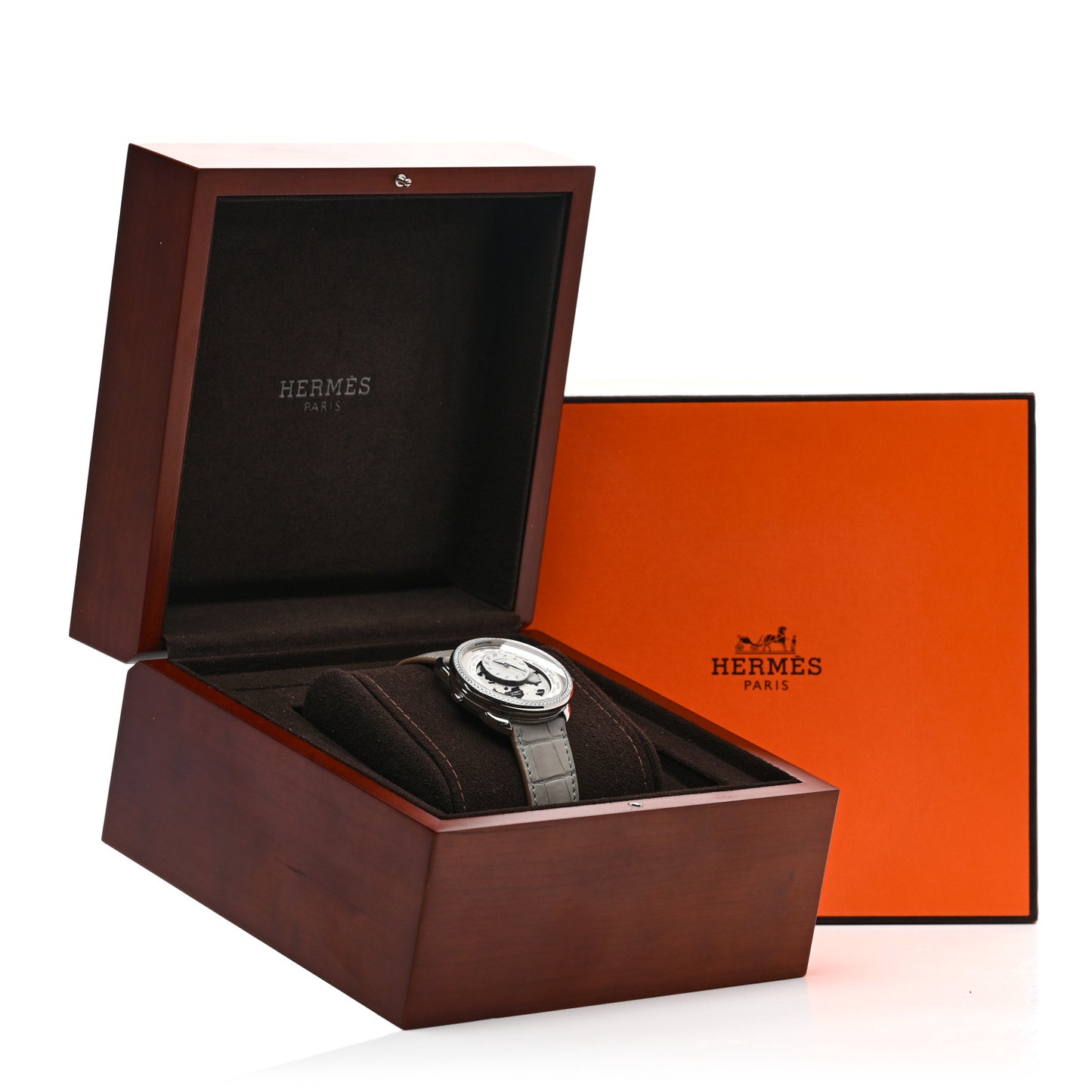 Stainless Steel Alligator Diamond Bezel Mother of Pearl 38mm Arceau Le Temps Voyageur Automatic Watch Gris Perle