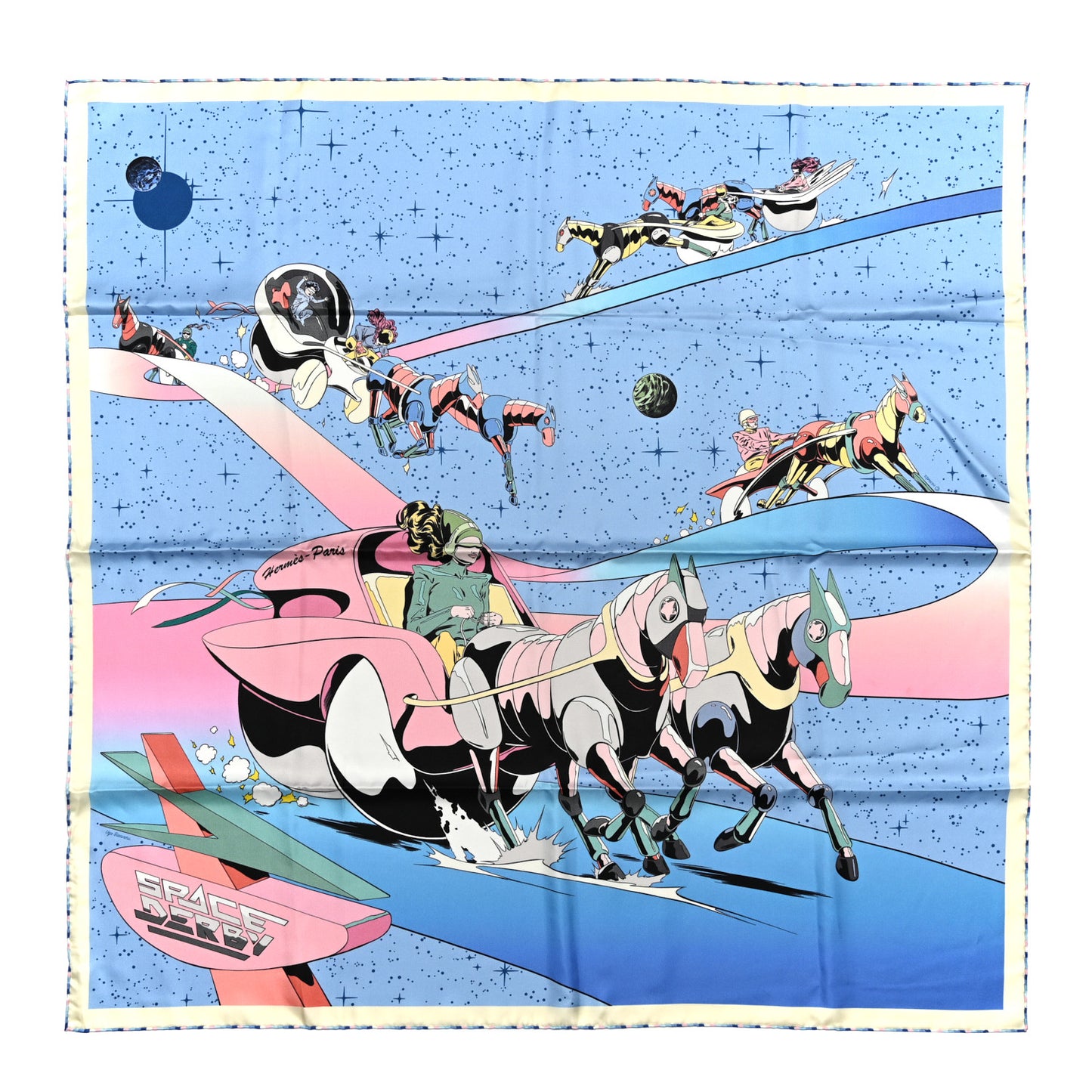Silk Space Derby Scarf 90 Bleu Ciel Rose Vert Amande
