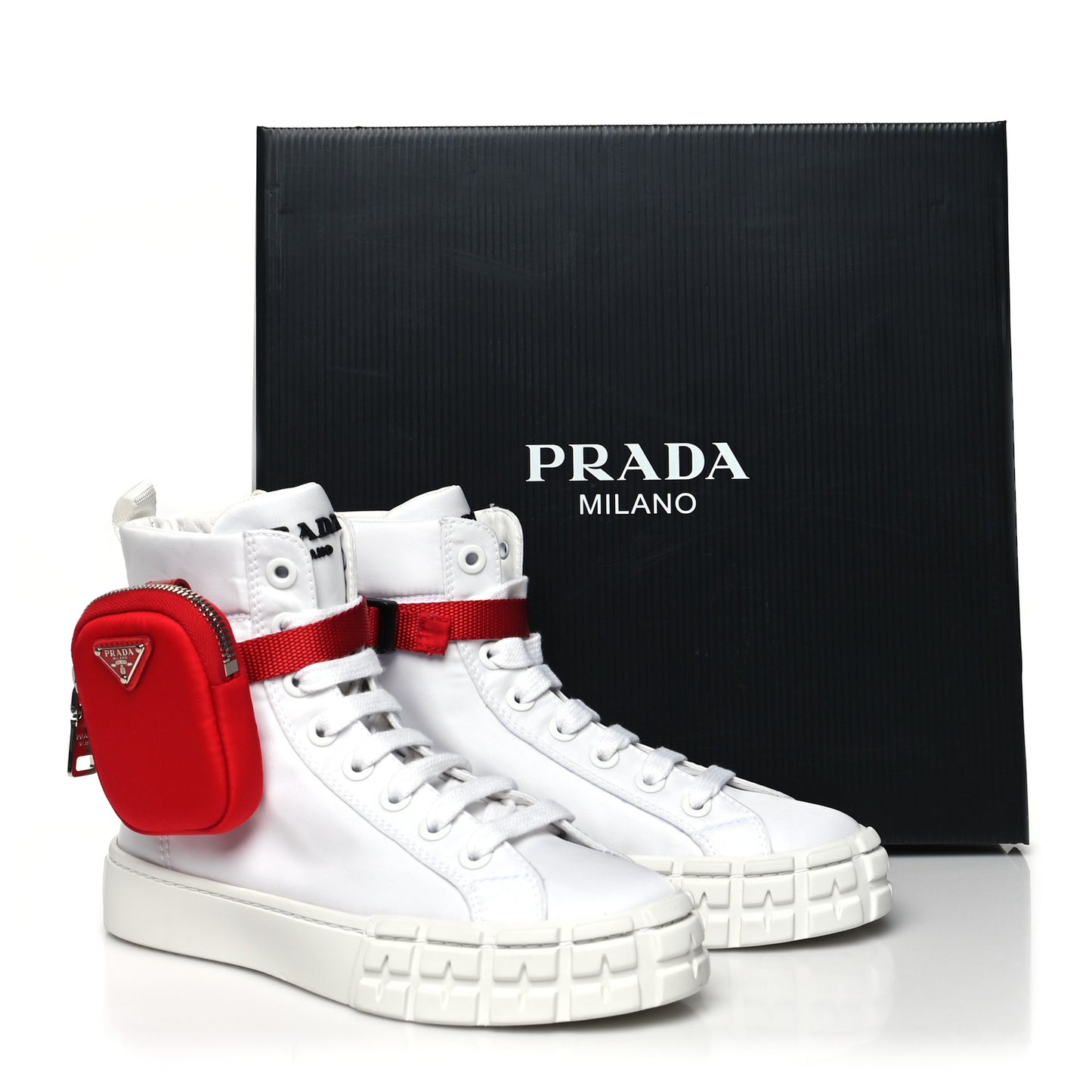 Re-Nylon Gabardine Metal Triangle Logo Wheel Pouch Pocket High Top Sneakers 37 White Red