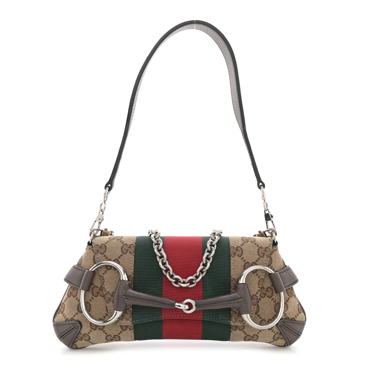 Monogram Textured Dollar Calfskin Heavy Grosgrain Web Small Maxi Horsebit Chain Shoulder Bag Beige Ebony New Acero