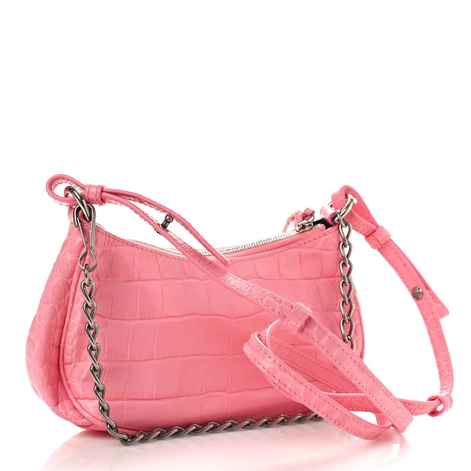 Balenciaga Extra Supple Calfskin Crocodile Embossed Le Cagole Mini Purse With Chain Sweet Pink 2 of 7