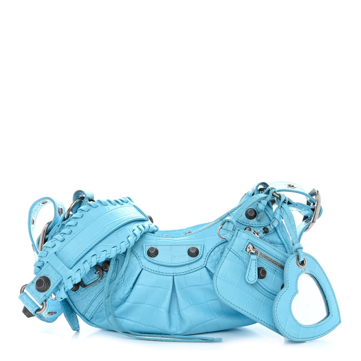 Extra Supple Calfskin Crocodile Embossed Le Cagole Shoulder Bag XS Sky Blue