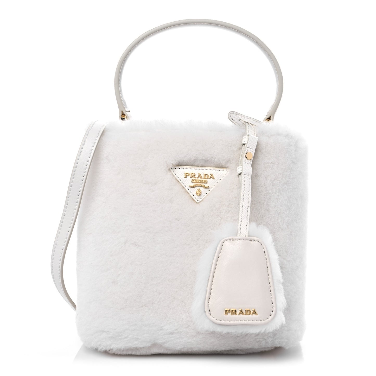 Shearling Saffiano Mini Panier Bucket Bag White