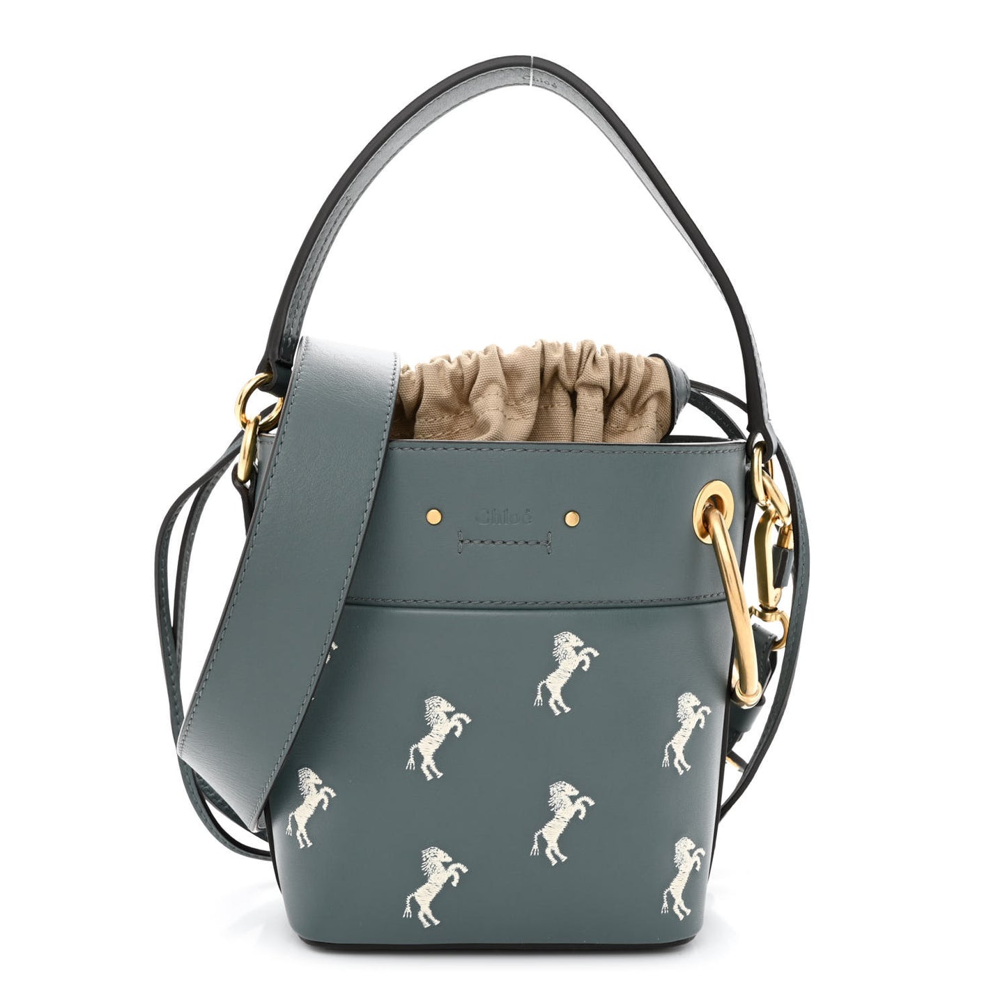 Smooth Calfskin Little Horses Embroidered Mini Roy Bucket Bag Cloudy Blue