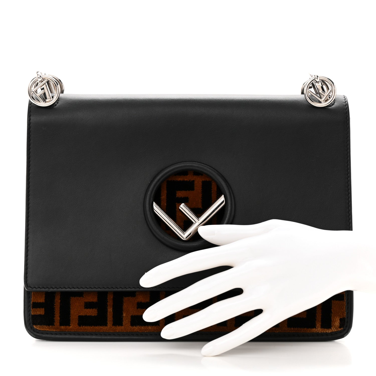 Fendi Vitello Century Velvet F is Fendi FF Kan I Shoulder Bag Black Tobacco 2 of 11