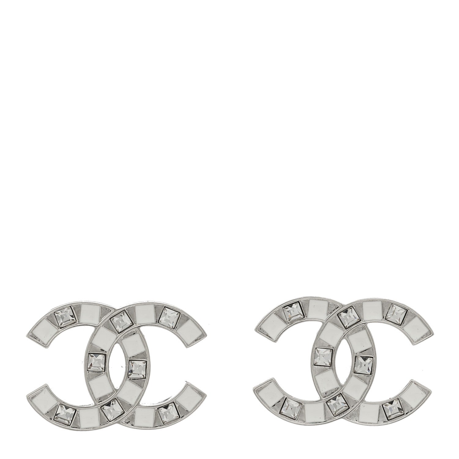 Chanel Crystal Enamel CC Earrings Silver White 1 of 5