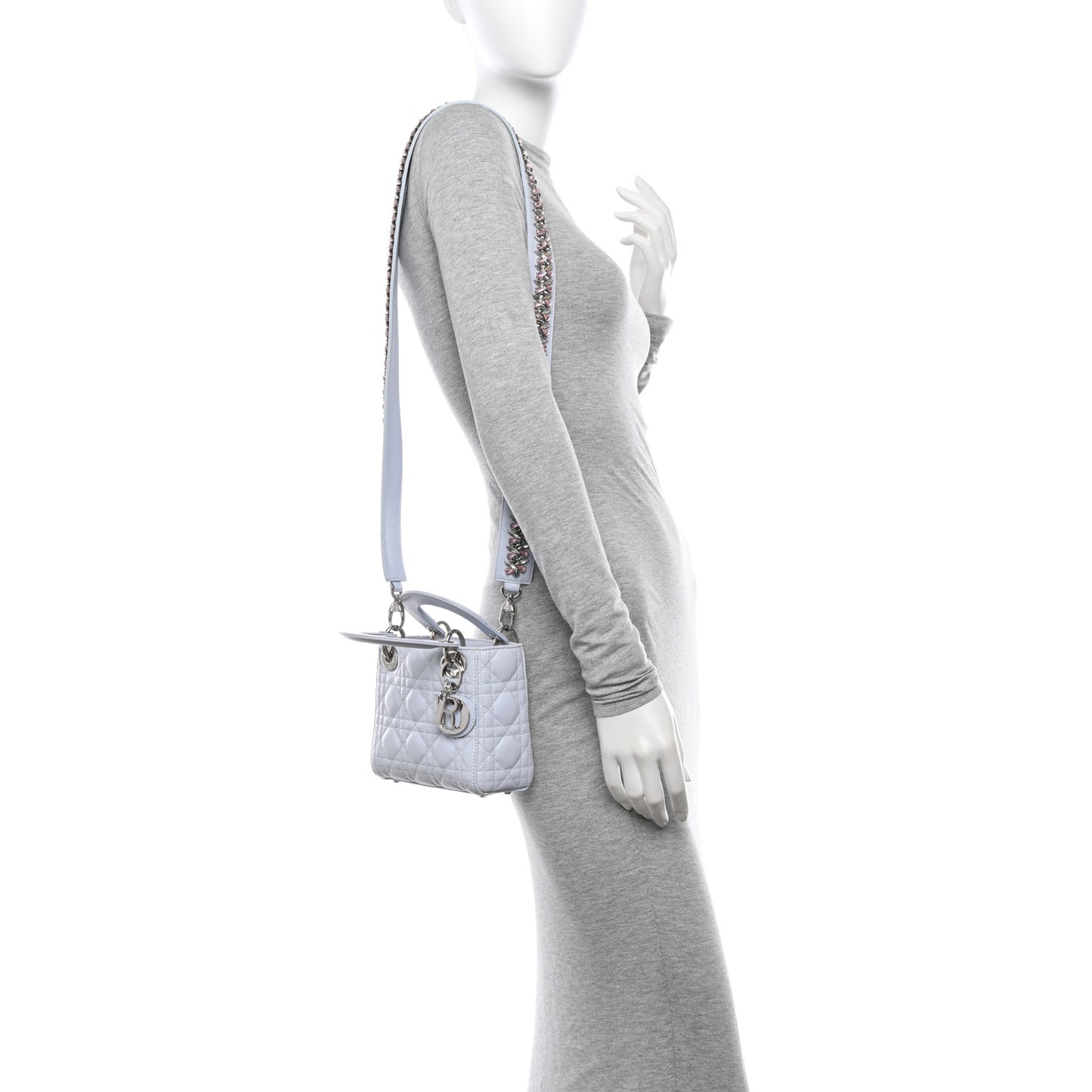 Lambskin Cannage Mini Lady Dior Crystal Strap Light Blue