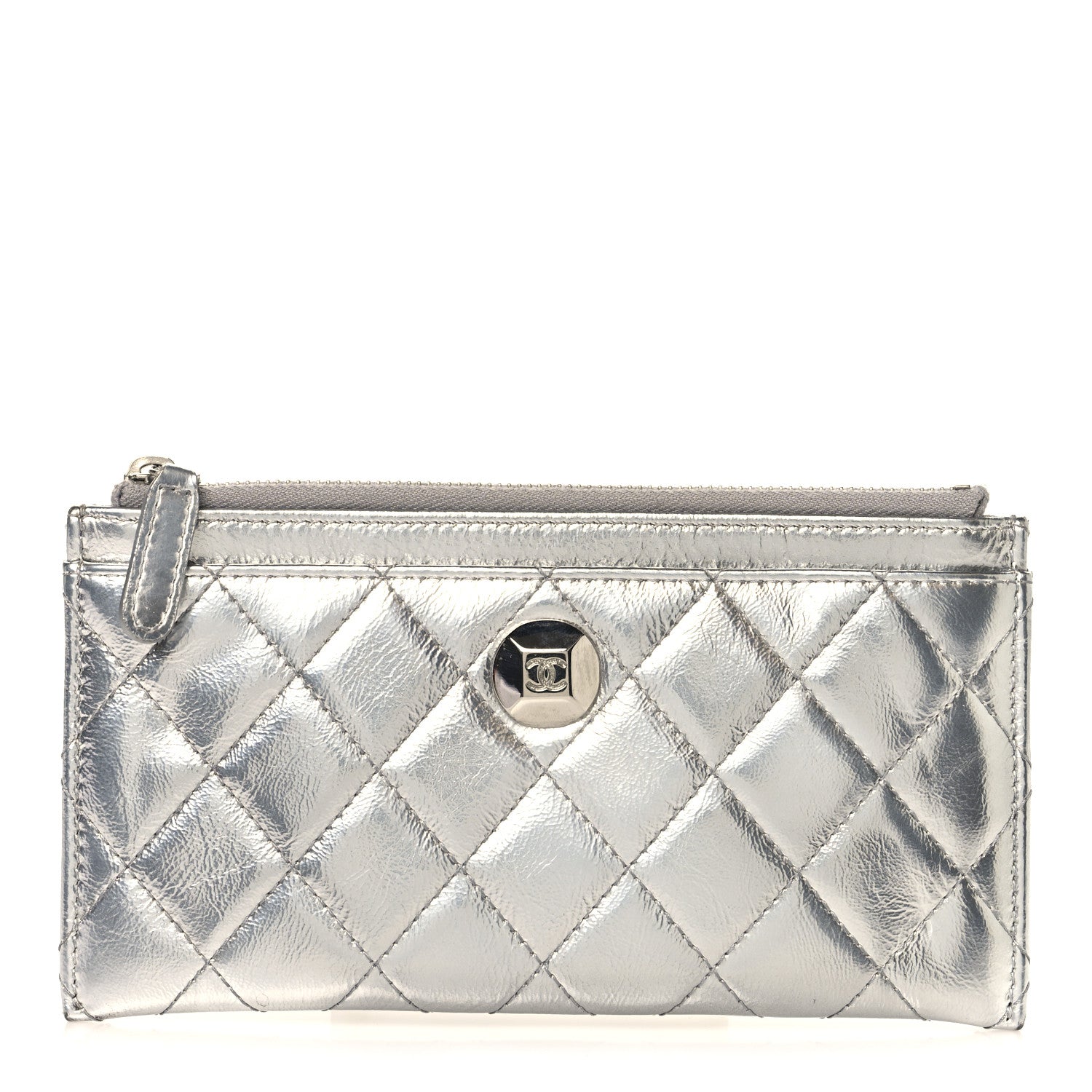 Chanel Metallic Calfskin Quilted Zip Pouch Silver 1846231