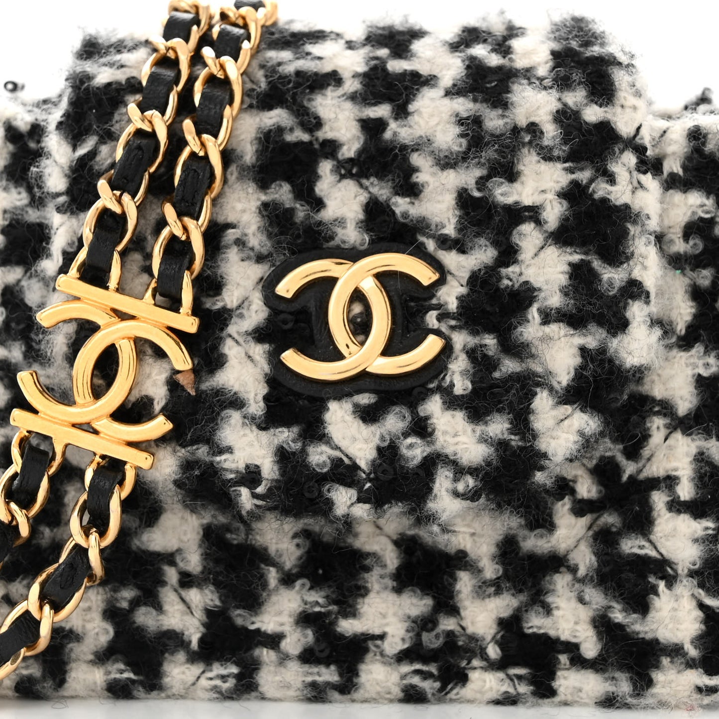 Tweed Houndstooth Quilted Mini Accordion Clutch With Chain White Black